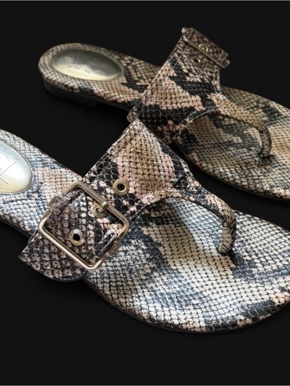 Snakeskin Toe-Loop Sandals with Buckle Detail